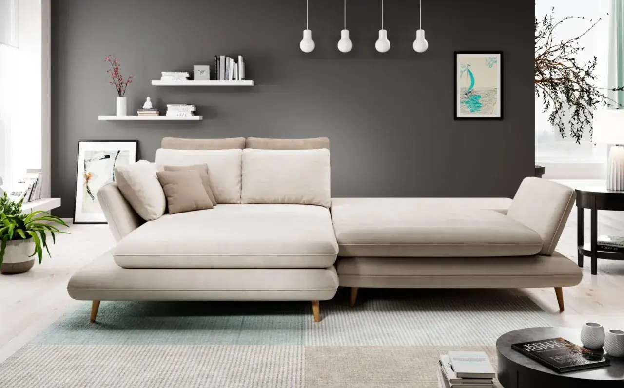 kanapa z pufą styl skandynawski nowoczesny boho loft